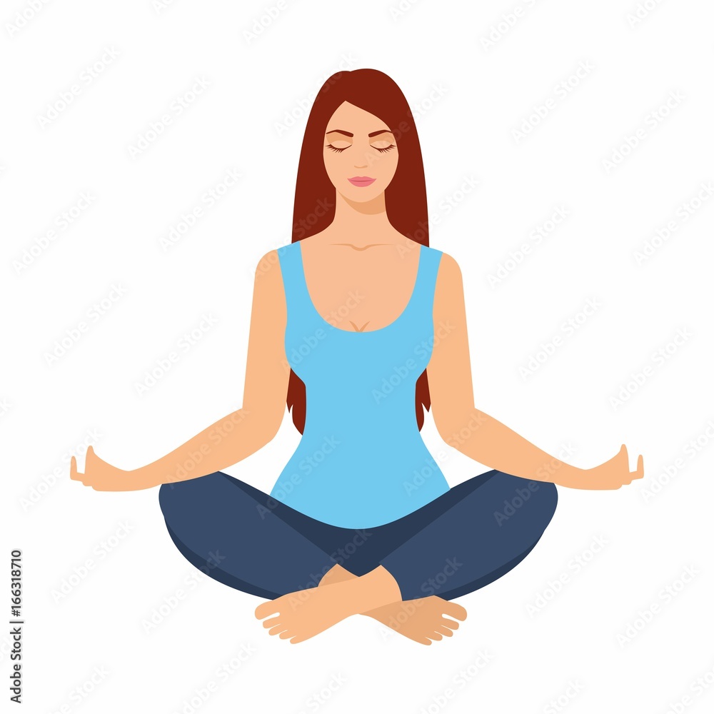 Young woman sitting in yoga lotus pose. Meditating girl illustration. Yoga woman, meditation, anti-stress people.