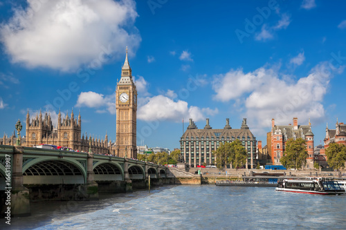 Big Ben and Houses of Parliament with boat in London  England  UK