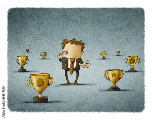 Businessman surrounded by trophies think about which to choose