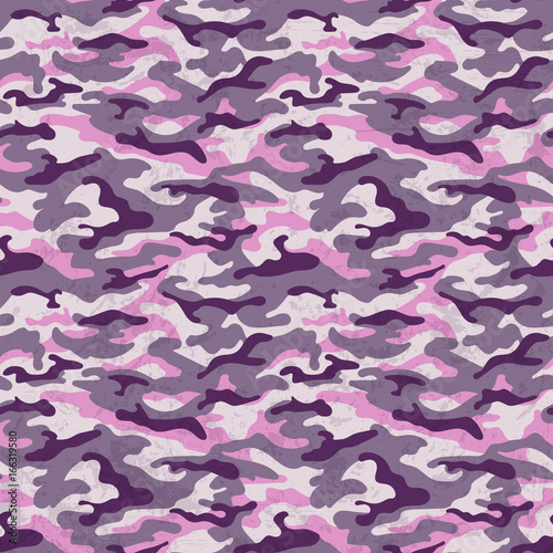 Military background, pink purple camouflage with grunge effect. Vector