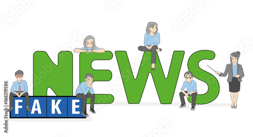 A team of young people is working on fake news. Great word fake news on the background of the world map. vector illustration.