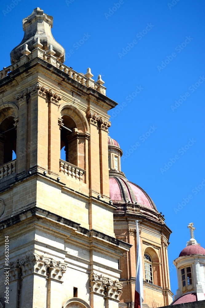 View of St Lawrence church tower and dome, Vittoriosa, Malta.