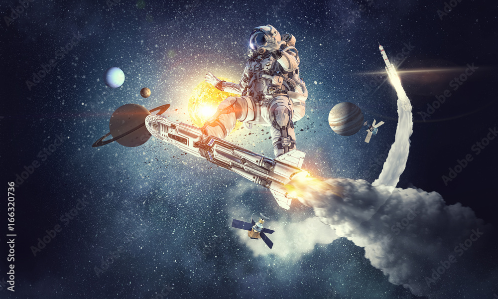 Naklejka premium Spaceman on flying board. Mixed media