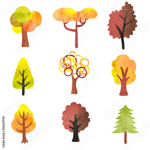 Set of watercolor autumn trees. Colorful symbols for your design. Vector illustration.