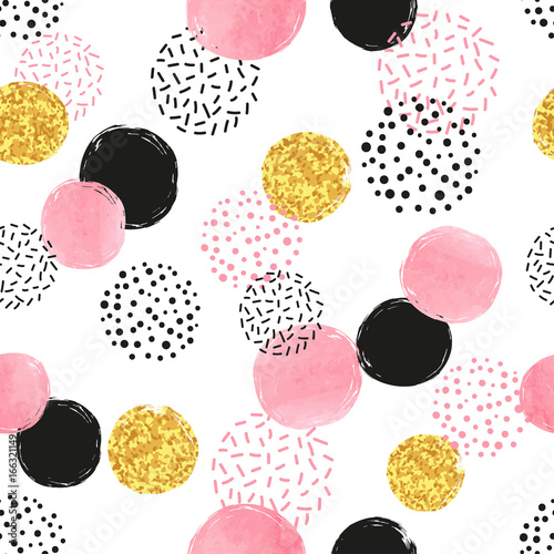 Seamless dotted pattern with pink, black and golden circles. Vector abstract background with round shapes.