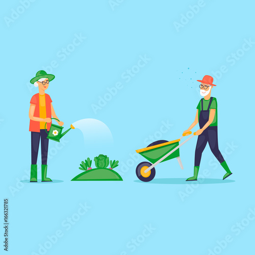 Grandmother watered the garden, retired, gardener. Grandfather with a wheelbarrow. Flat design vector illustration.