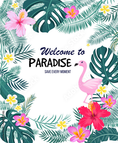A tropical card with palm leaves, flamingo and exotic flowers.. Vector