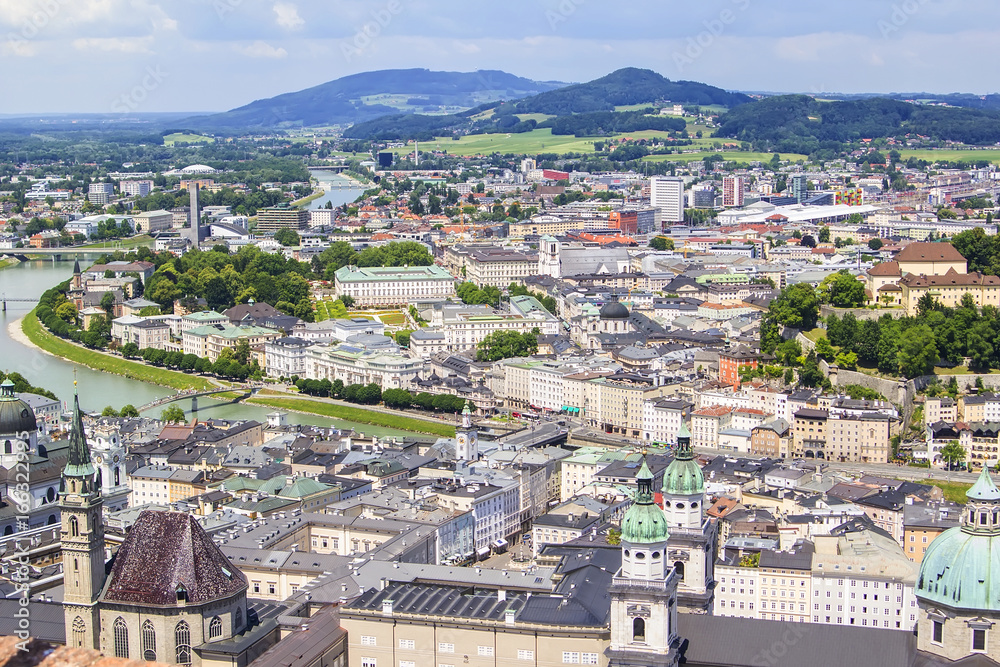 background view of the center of Salzburg and the river Salzach from Hohensalzburg Fortress