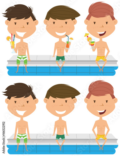 Cute boys sit at the edge of the pool with nonalcoholic drinks.