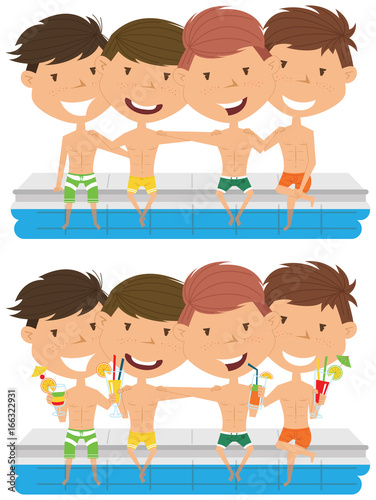 Cute boys sit at the edge of the pool and embrace each other.