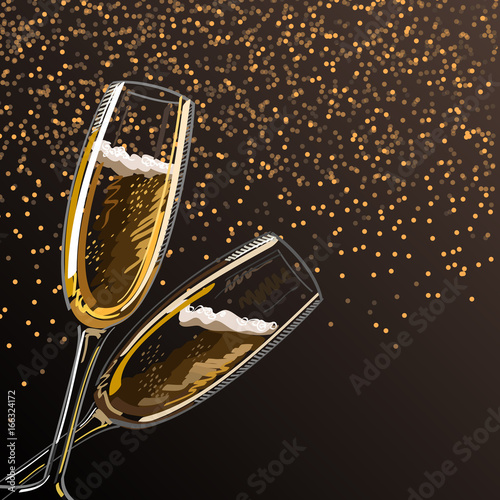 Two glasses with champagne on a black background with sparks.