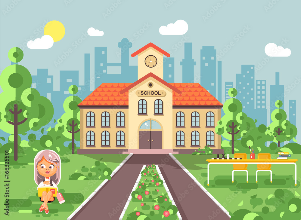 Vector illustration child character schoolgirl pupil apprentice sitting on grass near trees bushes exterior schoolyard read book doing homework school building gymnasium background in flat style