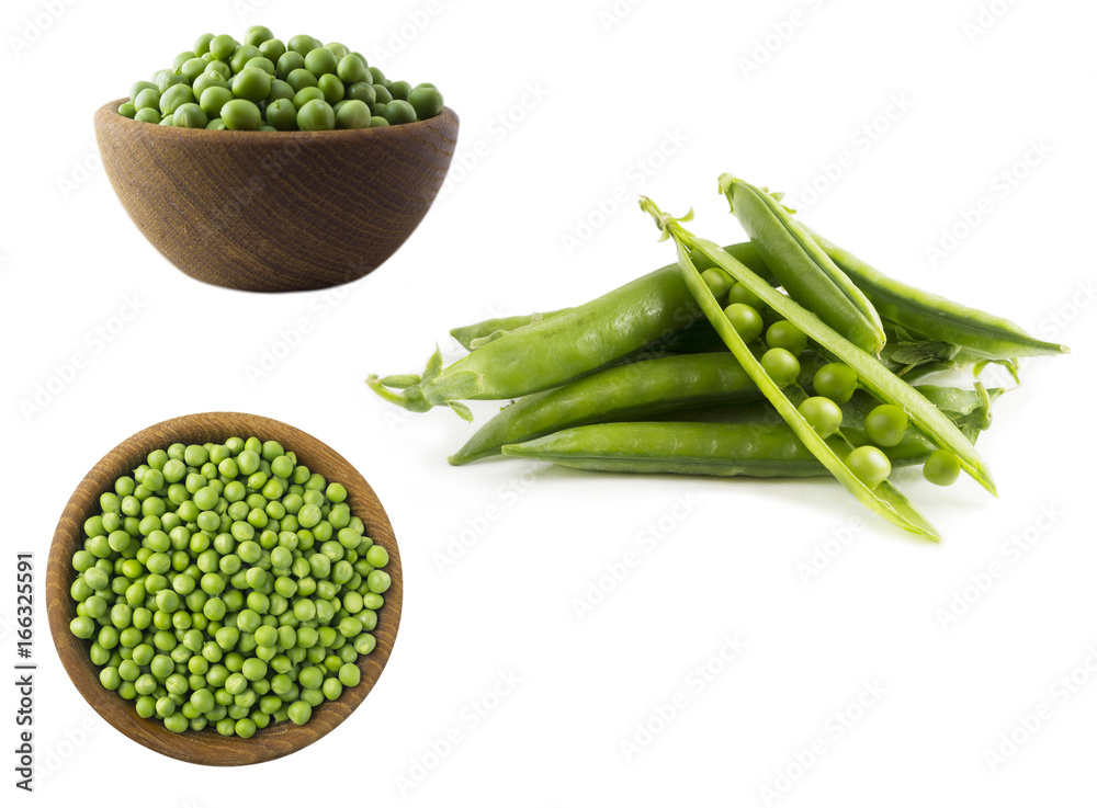 Green peas isolated on a white background. Vegetables with copy space for text. Set of green peas. Green peas isolated on a white background. Vegetables with copy space for text. Set of green peas.