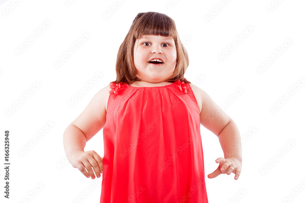 surprised European or American small girl in red dress, isolated on white background surprised European or American small girl in red dress, isolated on white background