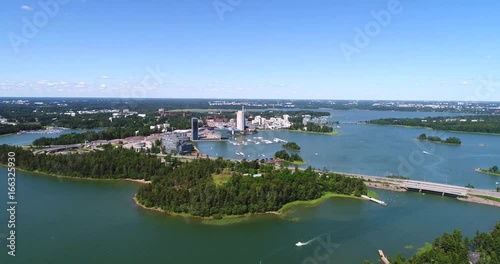 Keilaniemi, Cinema 4k aerial view towards kagelviken, keilalahti and route 51, just outside helsinki, at a sunny day, in Espoo, Uusimaa, Finland