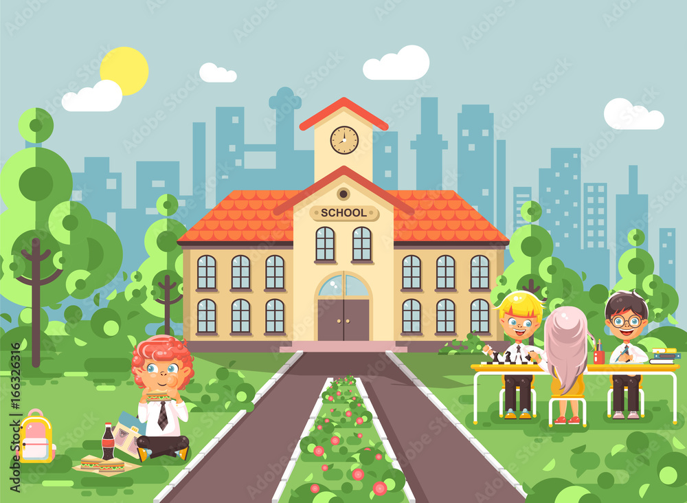 Vector illustration children characters schoolboy schoolgirl pupils apprentices classmates at schoolyard play chess, sit on grass dinner lunch, read book backdrop of school building flat style