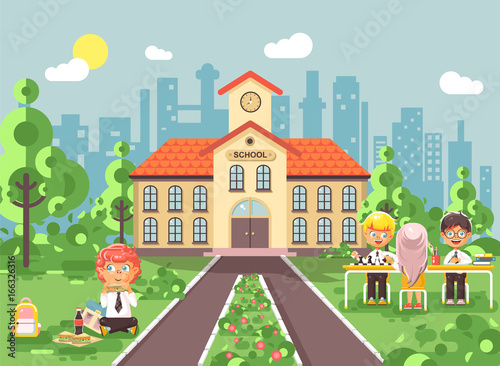 Vector illustration children characters schoolboy schoolgirl pupils apprentices classmates at schoolyard play chess, sit on grass dinner lunch, read book backdrop of school building flat style