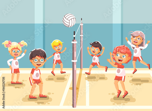 Vector illustration back to sport school children character schoolgirl schoolboy pupil classmates team game playing volleyball ball physical education class gymnasium gym background flat style