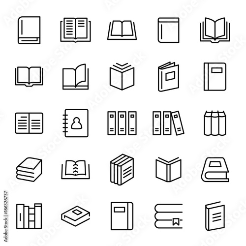 Set of 25 book thin line icons.
