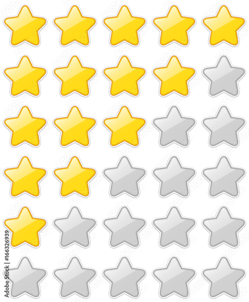 Glossy 5 Star Rating Sticker Set isolated on white background. Vector EPS10 Glossy 5 Star Rating Sticker Set isolated on white background. Vector EPS10