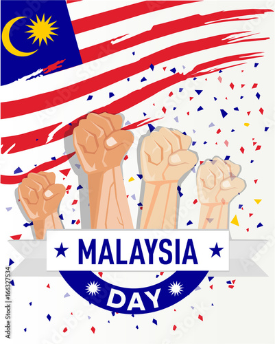 hand fist arm the symbol of national awakening day, and malaysia independence day with malaysian flag background 