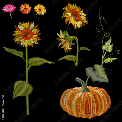 Set of autumn symbols: yellow sunflower, orange pumpkin, gerbera daisy flower. Embroidery (imitation satin stitches style) on black background, digital draw, ornament for fashion, vector
