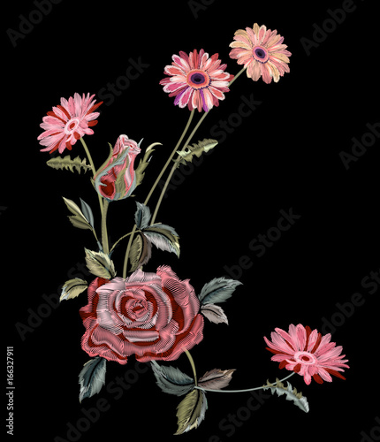 Pattern with pink rose and gerbera daisy, embroidery (imitation satin stitches) red, pink flowers, green leaves on black background, digital draw, decorative illustration, ornament for fashion, vector