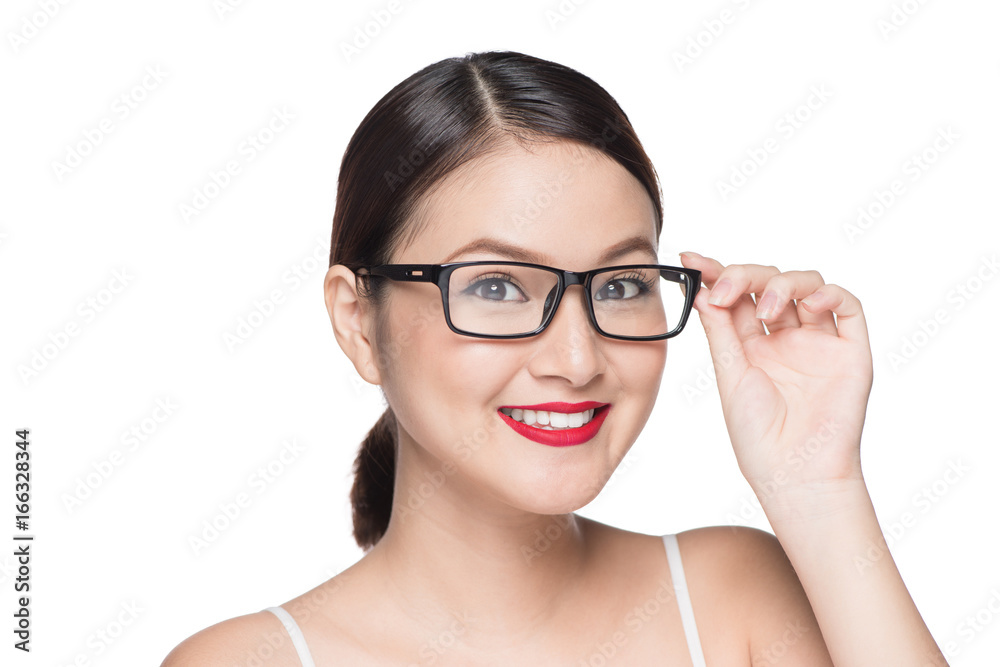 Beauty asian model girl with perfect skin wearing glasses, isolated on white background. Beauty asian model girl with perfect skin wearing glasses, isolated on white background.
