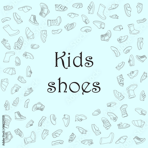 Kids shoes, set, collection of fashion footwear, poster with place for text. Baby, girl, boy, child, childhood. Vector design isolated illustration. Black outlines, blue background.