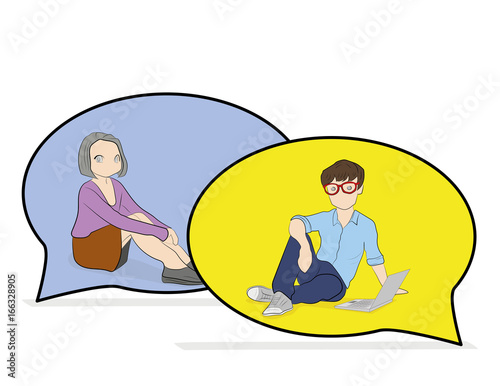 Chat talk addiction concept illustration of young people using smartphones for sending messages to each other via messenger. Flat guy and woman sitting on the big speech bubbles and typing messages 