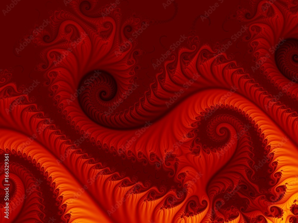 Naklejka premium Fiery red abstract fractal background with swirling patterns, resembling a fire dragon or lava from a volcano. For decorative prints e.g. on mugs, book covers, textiles, banners, skins, leaflets.