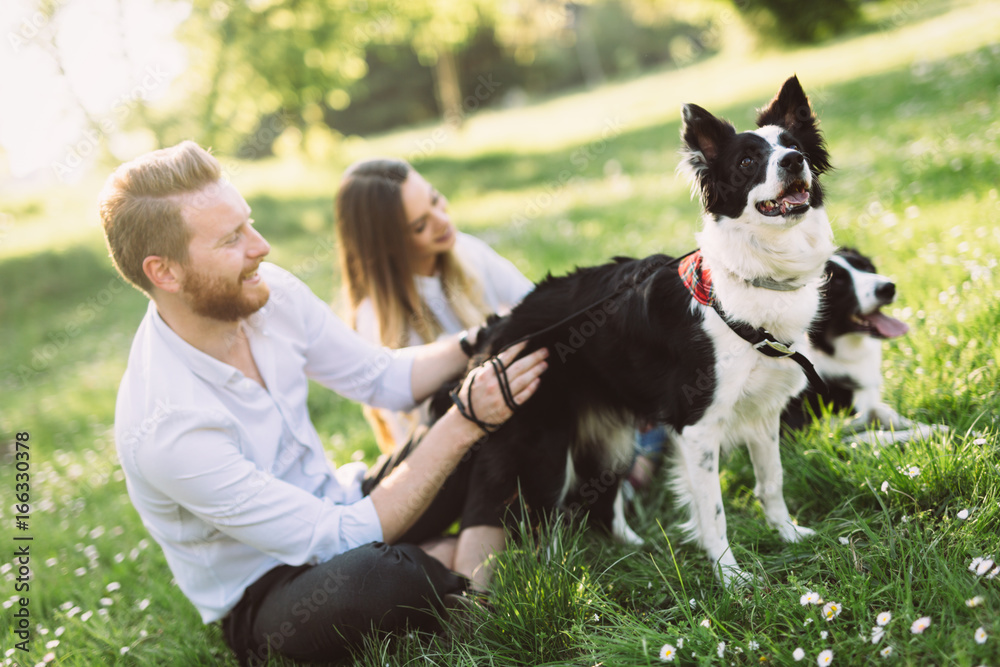 Romantic couple in love walking dogs in nature and smiling Romantic couple in love walking dogs in nature and smiling