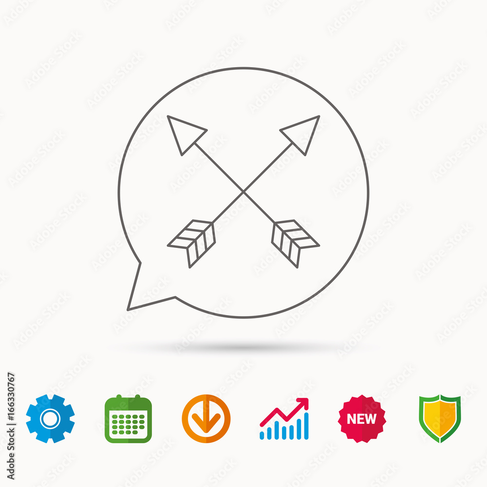 Bow arrows icon. Hunting sport equipment sign. Archer weapon symbol. Calendar, Graph chart and Cogwheel signs. Download and Shield web icons. Vector Bow arrows icon. Hunting sport equipment sign. Archer weapon symbol. Calendar, Graph chart and Cogwheel signs. Download and Shield web icons. Vector