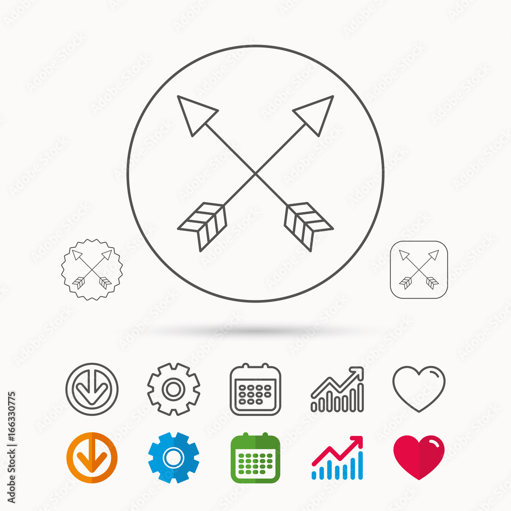 Bow arrows icon. Hunting sport equipment sign. Archer weapon symbol. Calendar, Graph chart and Cogwheel signs. Download and Heart love linear web icons. Vector Bow arrows icon. Hunting sport equipment sign. Archer weapon symbol. Calendar, Graph chart and Cogwheel signs. Download and Heart love linear web icons. Vector