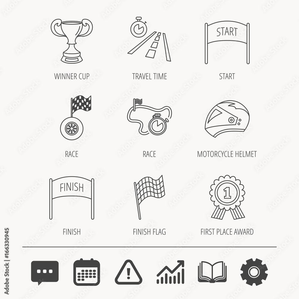 Winner cup and award icons. Race flag, motorcycle helmet and timer ...