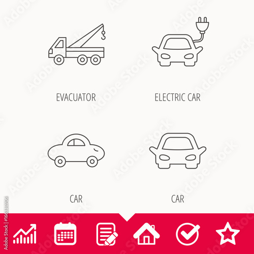 Electric car, evacuator and transport icons. Car linear signs. Edit document, Calendar and Graph chart signs. Star, Check and House web icons. Vector