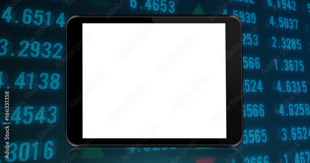 Black Tablet with Blank White Screen on Stock market financial analysis indicator background
