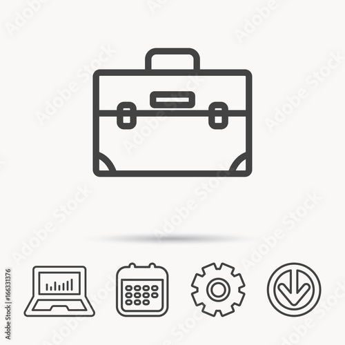 Briefcase icon. Businessman case or diplomat sign. Hand baggage symbol. Notebook, Calendar and Cogwheel signs. Download arrow web icon. Vector