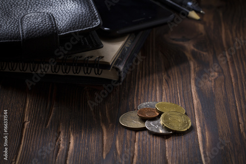 Wallet black purse men Vintage wooden background.Business concept 