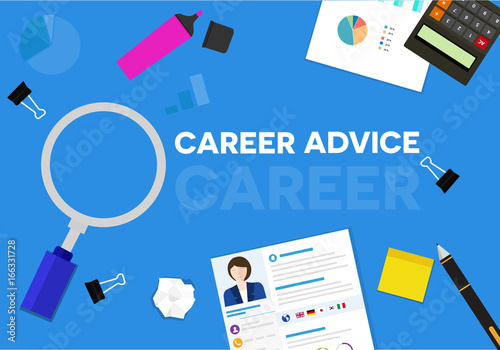 Career advice word banner, with the professional cv resume and office equipment tool