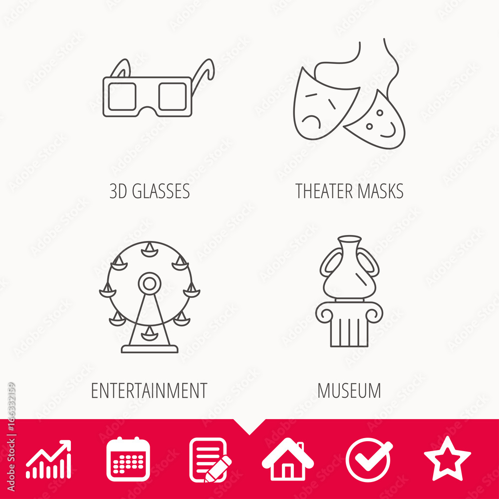 Museum, ferris wheel and theater masks icons. 3d glasses linear sign. Edit document, Calendar and Graph chart signs. Star, Check and House web icons. Vector