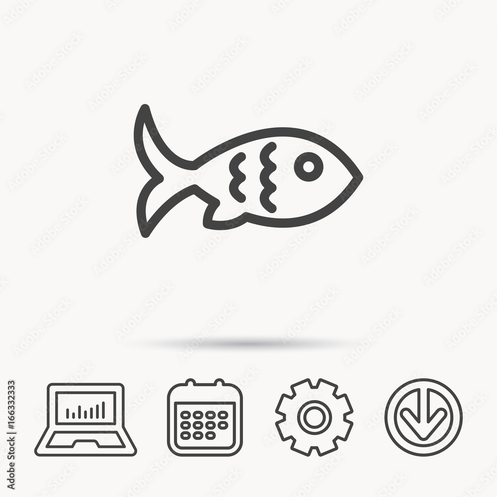 Fish with fin and scales icon. Seafood sign. Vegetarian food symbol. Notebook, Calendar and Cogwheel signs. Download arrow web icon. Vector Fish with fin and scales icon. Seafood sign. Vegetarian food symbol. Notebook, Calendar and Cogwheel signs. Download arrow web icon. Vector
