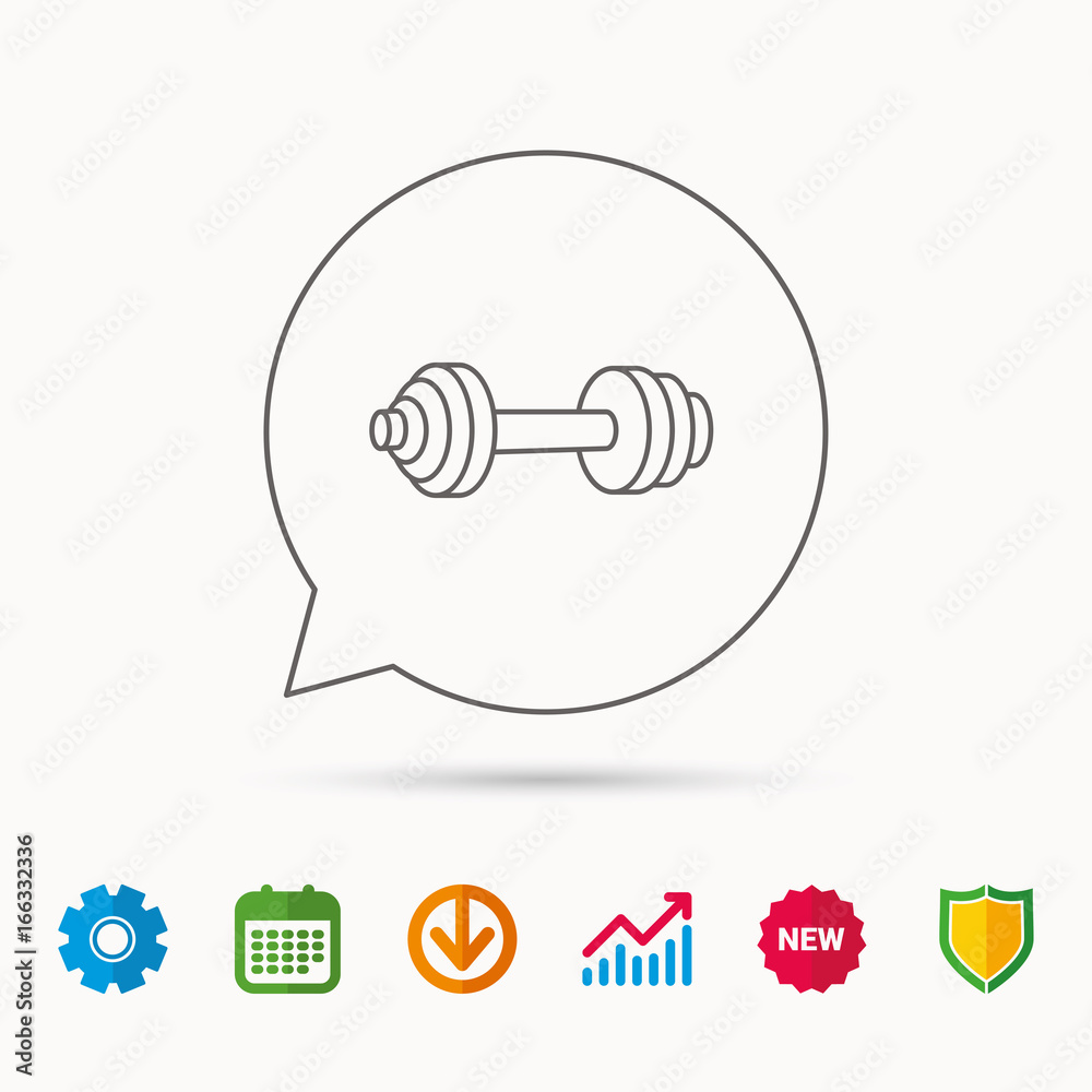 Dumbbell icon. Fitness sport or gym sign. Bodybuilding workout equipment symbol. Calendar, Graph chart and Cogwheel signs. Download and Shield web icons. Vector Dumbbell icon. Fitness sport or gym sign. Bodybuilding workout equipment symbol. Calendar, Graph chart and Cogwheel signs. Download and Shield web icons. Vector