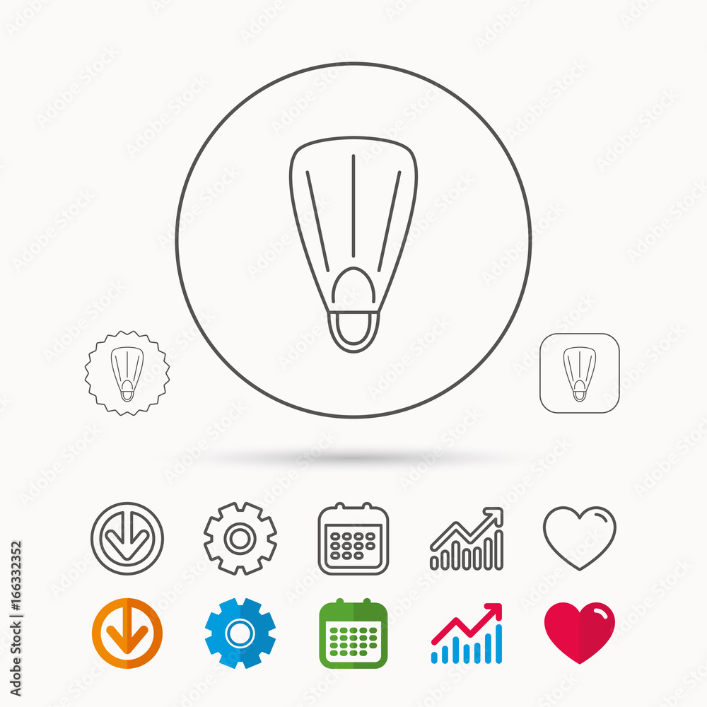 Swimming flippers icon. Diving sign symbol. Calendar, Graph chart and Cogwheel signs. Download and Heart love linear web icons. Vector Swimming flippers icon. Diving sign symbol. Calendar, Graph chart and Cogwheel signs. Download and Heart love linear web icons. Vector