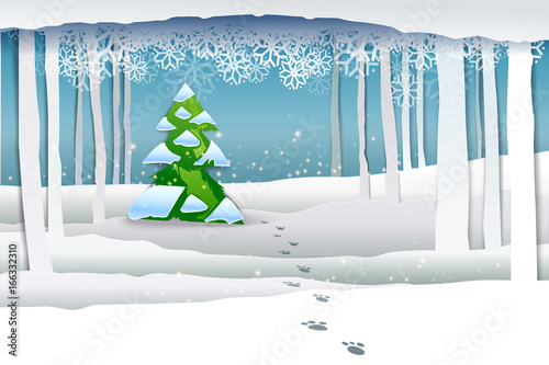 Paper art Winter Snow forest Landscape with Christmas evergreen tree and animal footprints. Paper cut layers with cloud of snowflakes. Snowy cityscape banner. Paper design of Holidays nature with