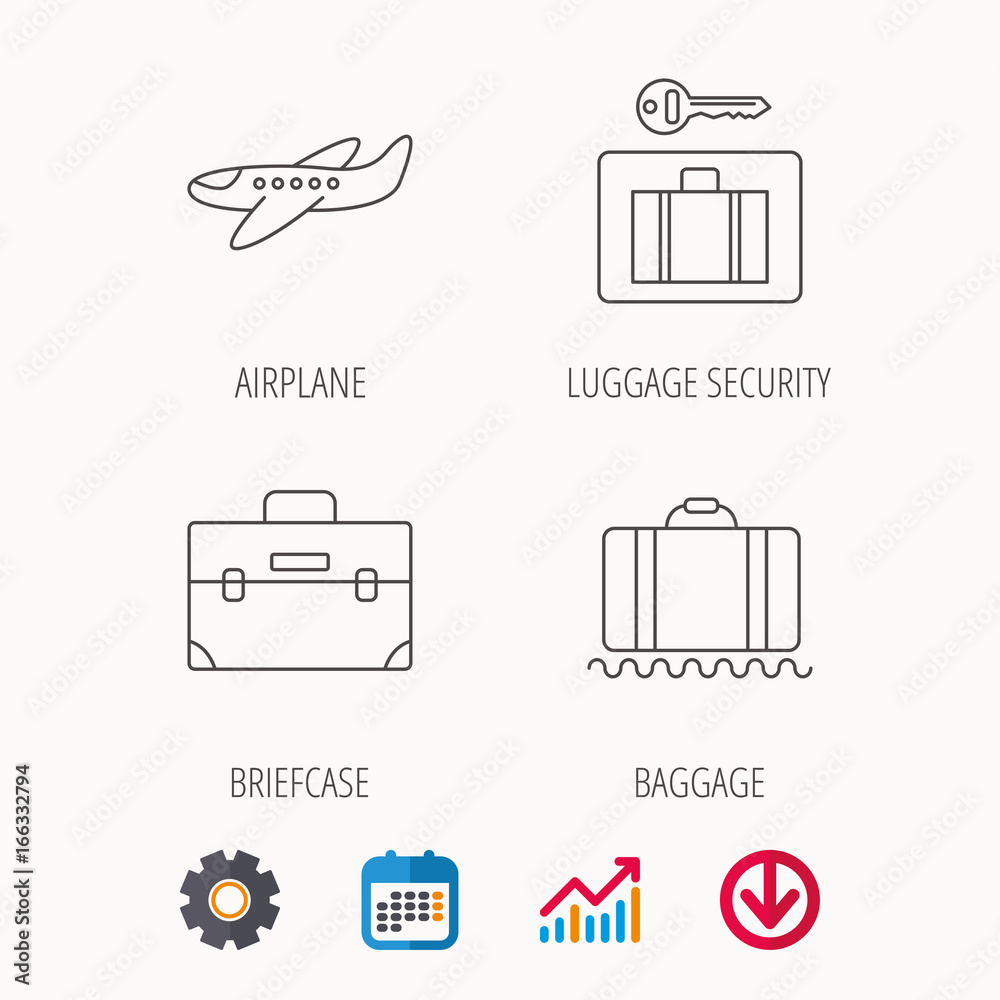 Baggage, luggage security and airplane icons. Briefcase linear sign. Calendar, Graph chart and Cogwheel signs. Download colored web icon. Vector Baggage, luggage security and airplane icons. Briefcase linear sign. Calendar, Graph chart and Cogwheel signs. Download colored web icon. Vector