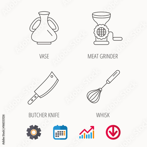 Meat grinder, butcher knife and whisk icons. Vase linear sign. Calendar, Graph chart and Cogwheel signs. Download colored web icon. Vector
