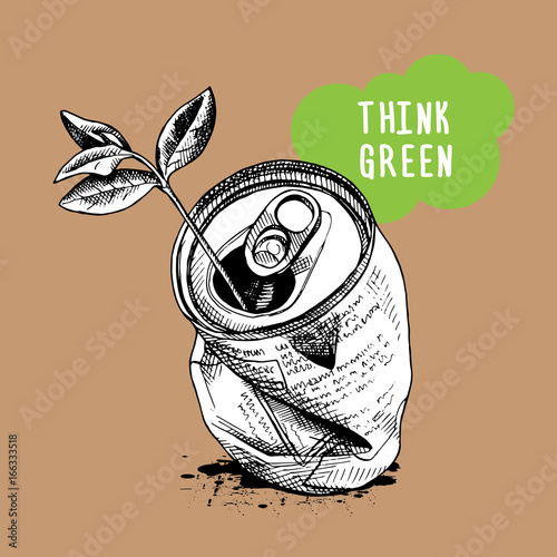 Crushed aluminum can and sprig. Vector illustration.