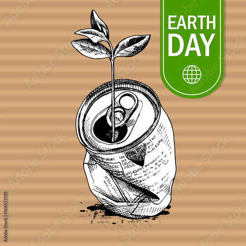 Crushed aluminum can and sprig. Vector illustration.
