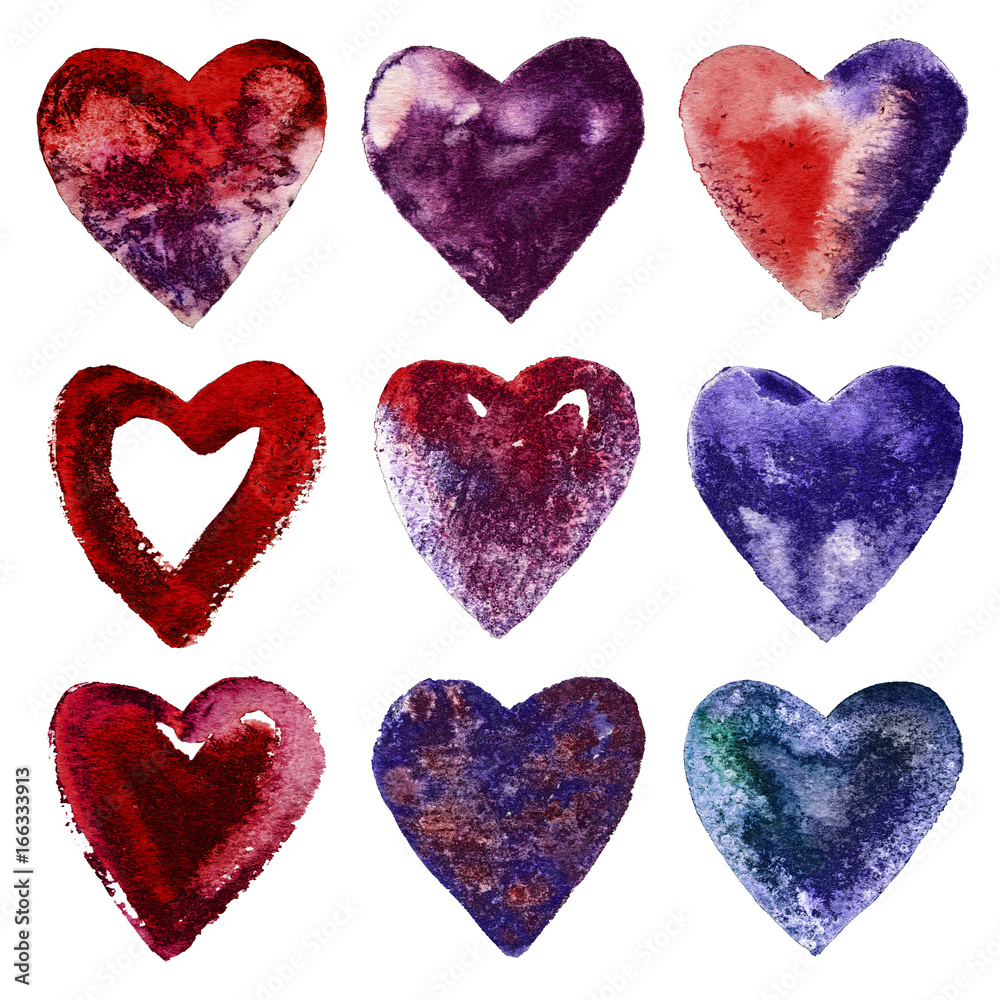 Vector set with watercolor hearts. Abstract elements for Valentine's Day.